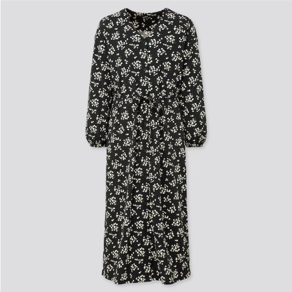 Uniqlo Black Floral Long Sleeve Dress
